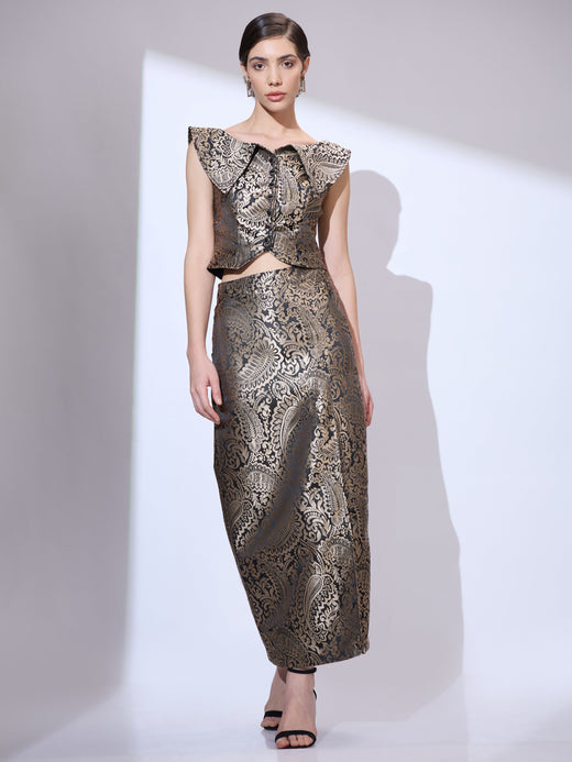 Regal Brocade Set — black and gold paisley brocade co-ord set by INHAUTECOUTURE