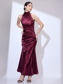 Bordeaux Cowl Gown — burgundy silk-satin halter cowl-neck maxi gown by INHAUTECOUTURE, view 11