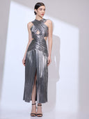 Chrome Comet Gown — silver halter-neck metallic gown by INHAUTECOUTURE, view 8