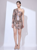 Bronze Vixen Mini — bronze metallic one-shoulder mini dress by INHAUTECOUTURE, view 4