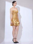 Midas Ruffle Mini — gold ruched ruffle bodycon mini dress by INHAUTECOUTURE, view 5