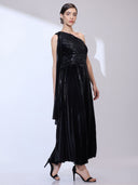 Saturn Black Gown — metallic pleated one-shoulder gown by INHAUTECOUTURE, view 2