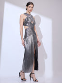 Chrome Comet Gown — silver halter-neck metallic gown by INHAUTECOUTURE, view 9