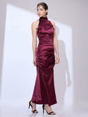 Bordeaux Cowl Gown — burgundy silk-satin halter cowl-neck maxi gown by INHAUTECOUTURE, view 8