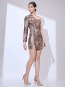 Bronze Vixen Mini — bronze metallic one-shoulder mini dress by INHAUTECOUTURE, view 5