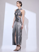 Chrome Comet Gown — silver halter-neck metallic gown by INHAUTECOUTURE, view 10