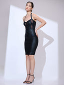 Athena Bandage Midi — black halter-neck bodycon bandage midi dress by INHAUTECOUTURE, view 2