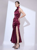 Bordeaux Cowl Gown — burgundy silk-satin halter cowl-neck maxi gown by INHAUTECOUTURE, view 12