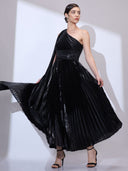 Saturn Black Gown — metallic pleated one-shoulder gown by INHAUTECOUTURE, view 3