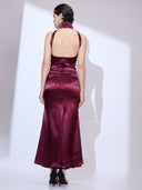 Bordeaux Cowl Gown — burgundy silk-satin halter cowl-neck maxi gown by INHAUTECOUTURE, view 13