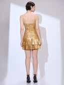 Midas Ruffle Mini — gold ruched ruffle bodycon mini dress by INHAUTECOUTURE, view 7