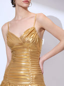 Midas Ruffle Mini — gold ruched ruffle bodycon mini dress by INHAUTECOUTURE, view 8