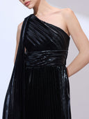 Saturn Black Gown — metallic pleated one-shoulder gown by INHAUTECOUTURE, view 5