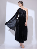 Saturn Black Gown — metallic pleated one-shoulder gown by INHAUTECOUTURE, view 6