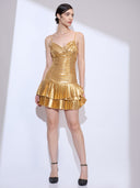 Midas Ruffle Mini — gold ruched ruffle bodycon mini dress by INHAUTECOUTURE, view 9