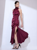 Bordeaux Cowl Gown — burgundy silk-satin halter cowl-neck maxi gown by INHAUTECOUTURE, view 10