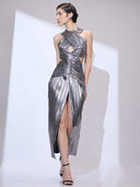 Chrome Comet Gown — silver halter-neck metallic gown by INHAUTECOUTURE, view 13