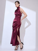 Bordeaux Cowl Gown — burgundy silk-satin halter cowl-neck maxi gown by INHAUTECOUTURE, view 14