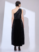 Saturn Black Gown — metallic pleated one-shoulder gown by INHAUTECOUTURE, view 7