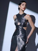 Chrome Comet Gown — silver halter-neck metallic gown by INHAUTECOUTURE, view 6