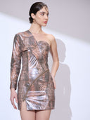 Bronze Vixen Mini — bronze metallic one-shoulder mini dress by INHAUTECOUTURE, view 9