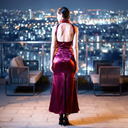 Bordeaux Cowl Gown — burgundy silk-satin halter cowl-neck maxi gown by INHAUTECOUTURE, view 3