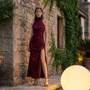 Bordeaux Cowl Gown — burgundy silk-satin halter cowl-neck maxi gown by INHAUTECOUTURE, view 5