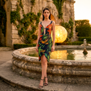 Forbidden Garden Midi — black velvet tropical-print midi dress by INHAUTECOUTURE
