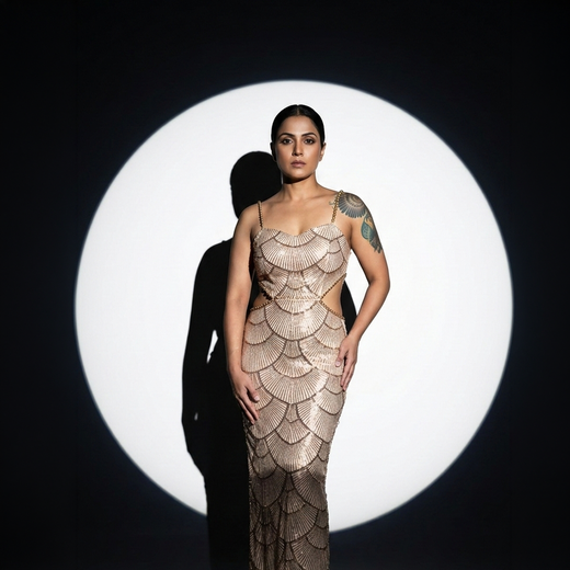 Bronze Pearl Mermaid Gown — bronze pearl-embellished mermaid maxi gown by INHAUTECOUTURE