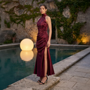 Bordeaux Cowl Gown — burgundy silk-satin halter cowl-neck maxi gown by INHAUTECOUTURE, view 4