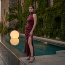 Bordeaux Cowl Gown — burgundy silk-satin halter cowl-neck maxi gown by INHAUTECOUTURE, view 7