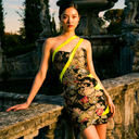 Electric Flora Mini — brocade one-shoulder mini dress by INHAUTECOUTURE, view 2